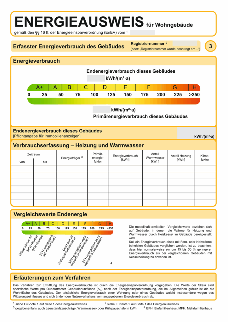 Beispielhafte Abbildung eines Energieausweises mit Energieeffizienzskala von A+ bis H, farblich unterlegt von grün bis rot, mit Pfeilmarkierung im Bereich C, Gebäudedaten und Energieverbrauchskennwerten.